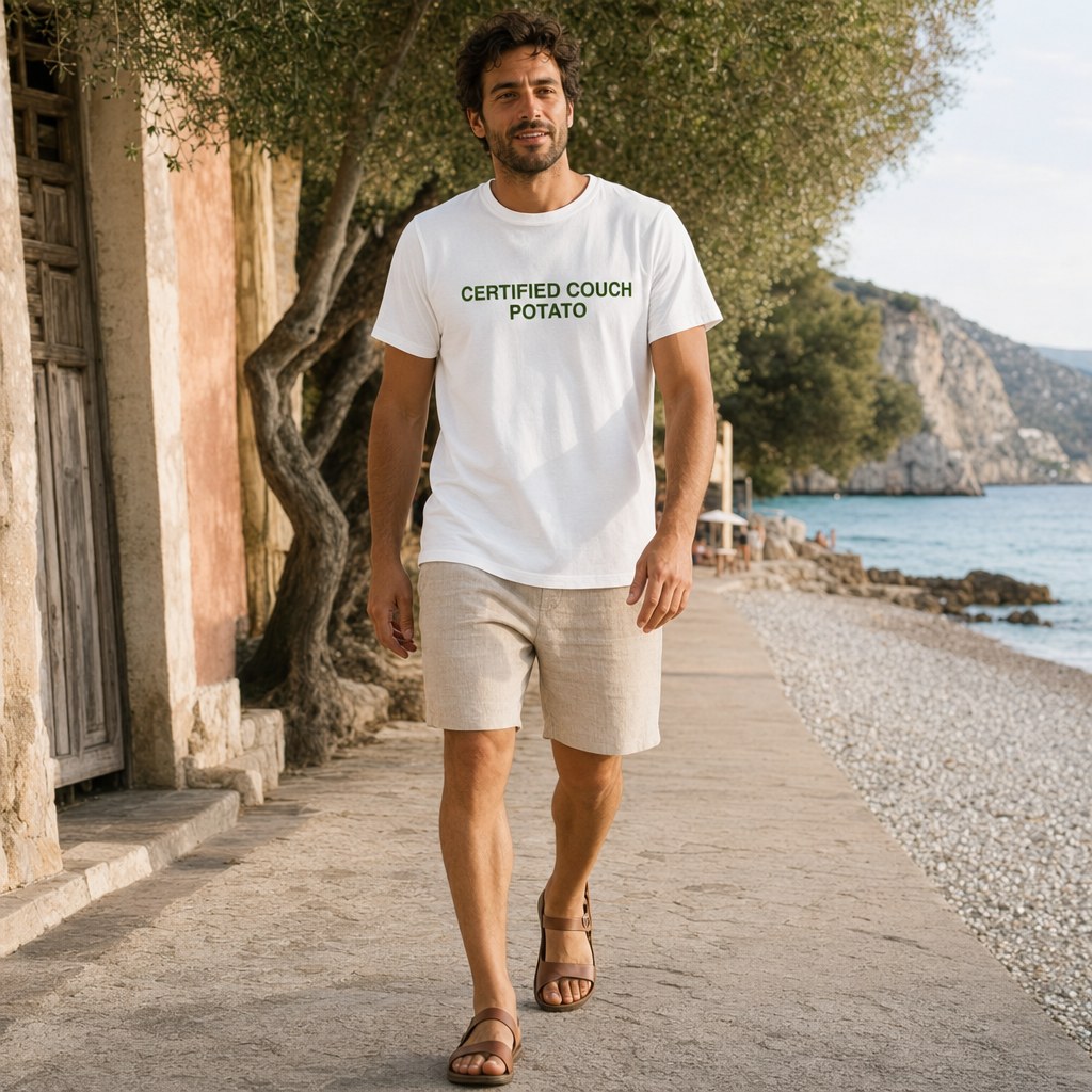 Certified Couch Potato Brutalist Typography Tee — scene 04 male front full