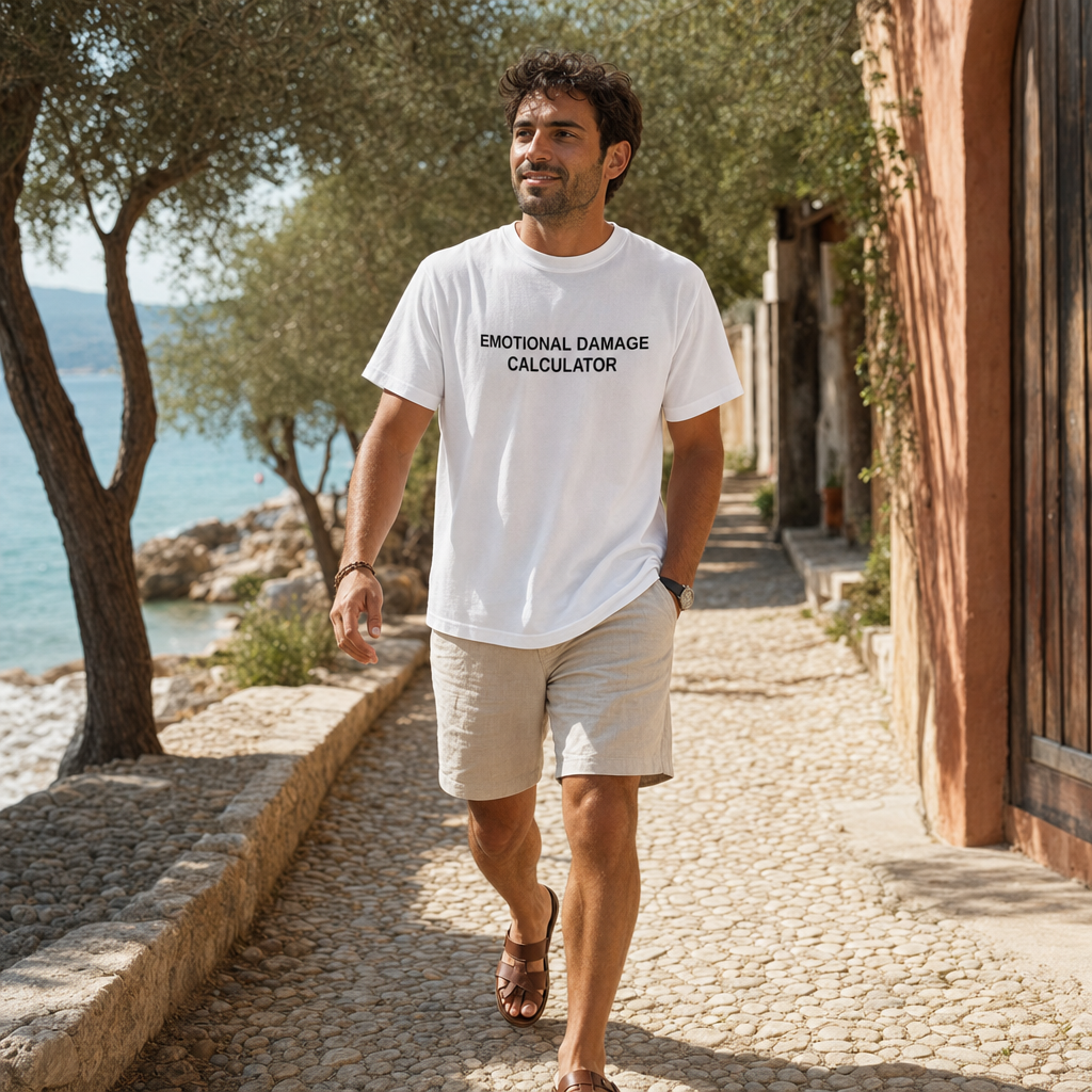 Emotional Damage Calculator Typography Tee — scene 04 male front full