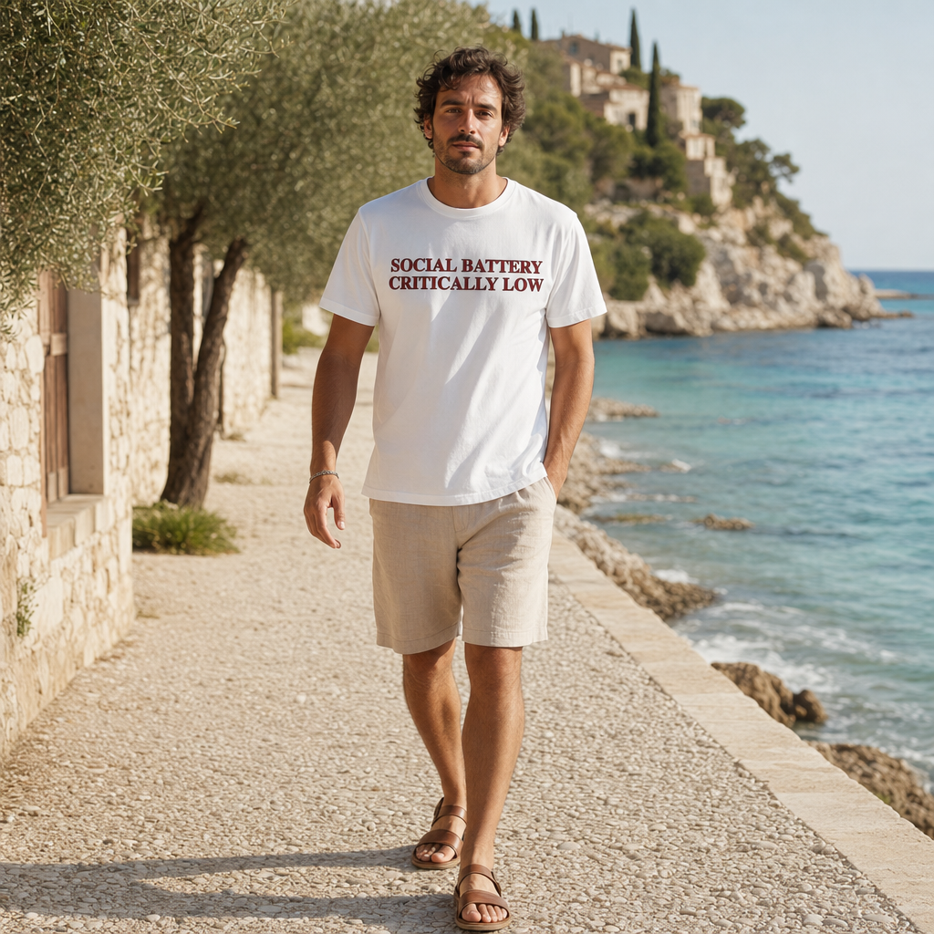 Social Battery Critically Low - Introvert Humor Tee — scene 04 male front full