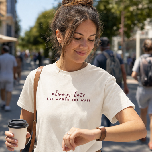 Always Late But Worth The Wait tee lifestyle photo, closeup checking watch