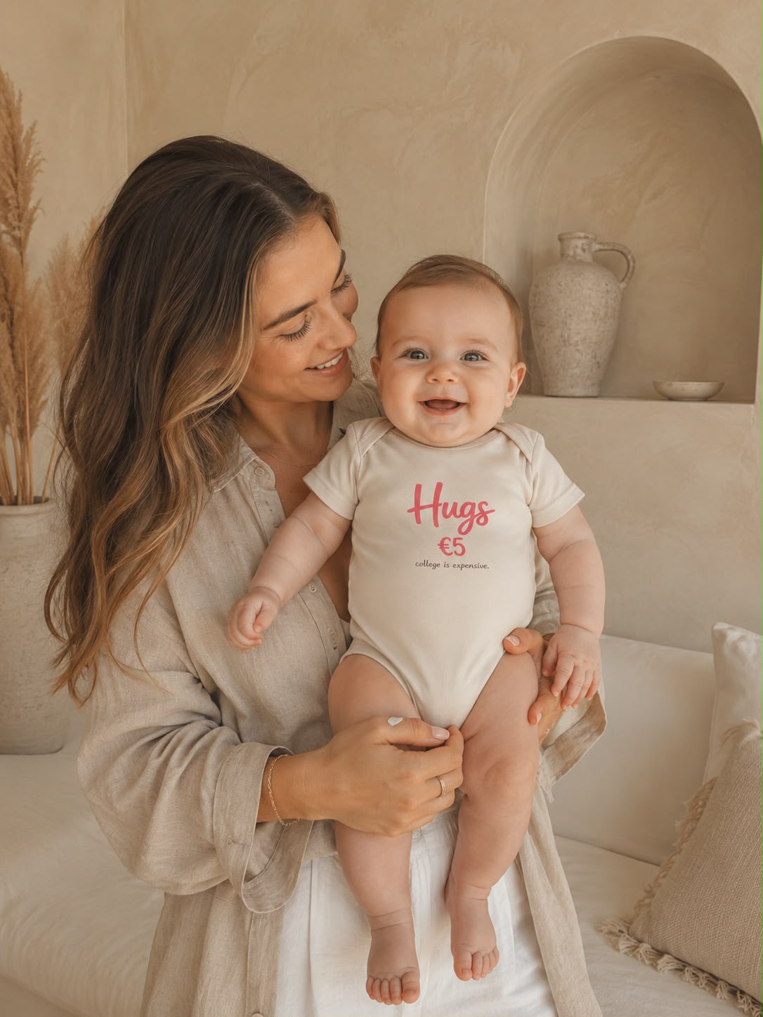 Hugs 5 euros baby bodysuit lifestyle photo, natural, mother holding baby indoors