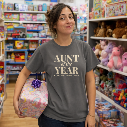 Aunt of the Year tee worn as a gift, charcoal