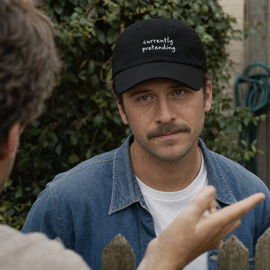 Black classic cap embroidered “currently pretending” in white, worn talking to a neighbour