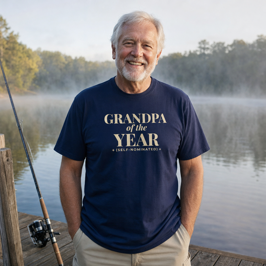 Grandpa of the Year tee worn as a gift, navy