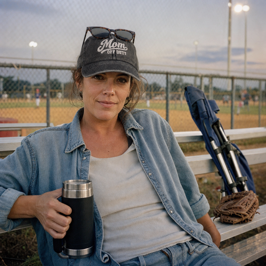 Washed black vintage cap embroidered “Mom Off Duty” in white script, worn in the bleachers at a youth baseball game