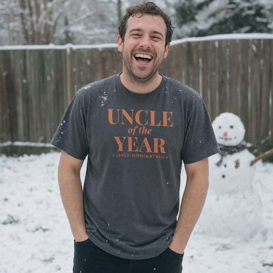 Uncle of the Year tee worn as a gift, charcoal