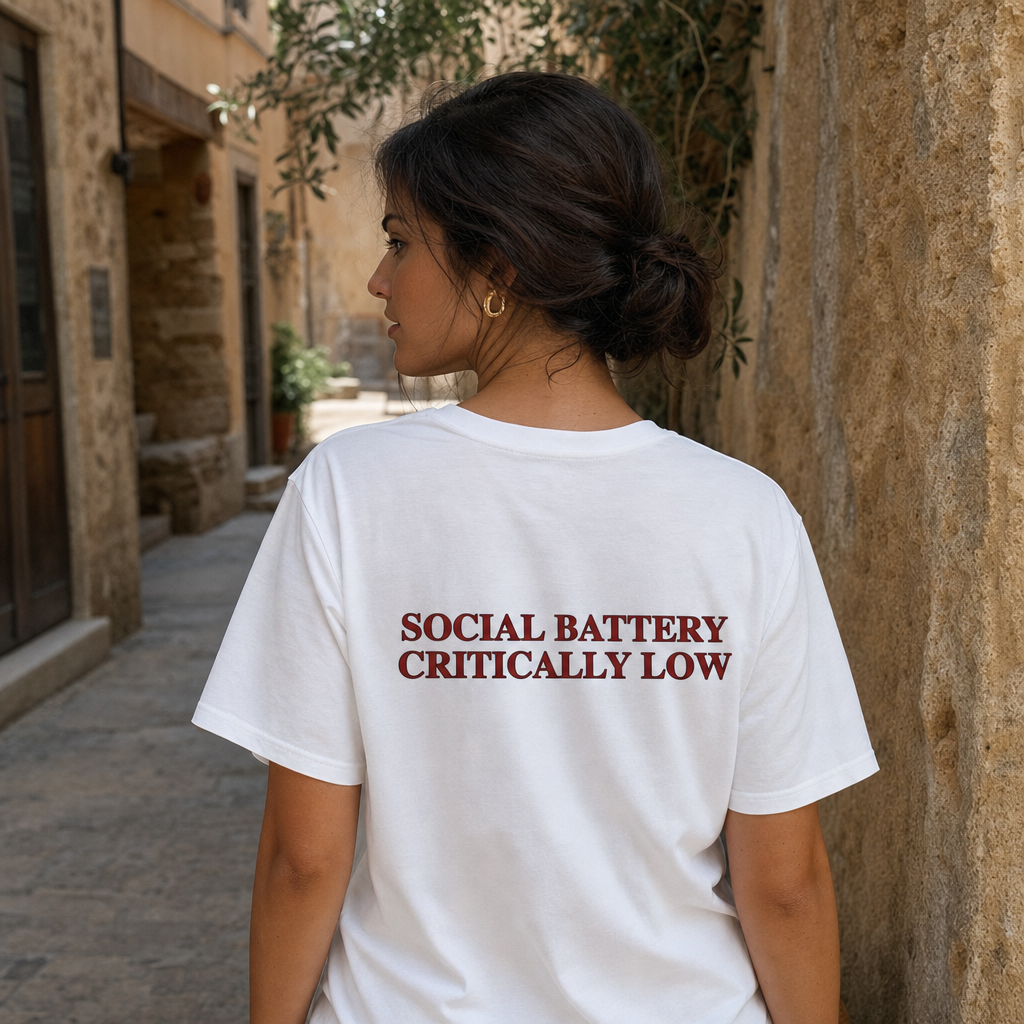 Social Battery Critically Low - Introvert Humor Tee — scene 01 female back close