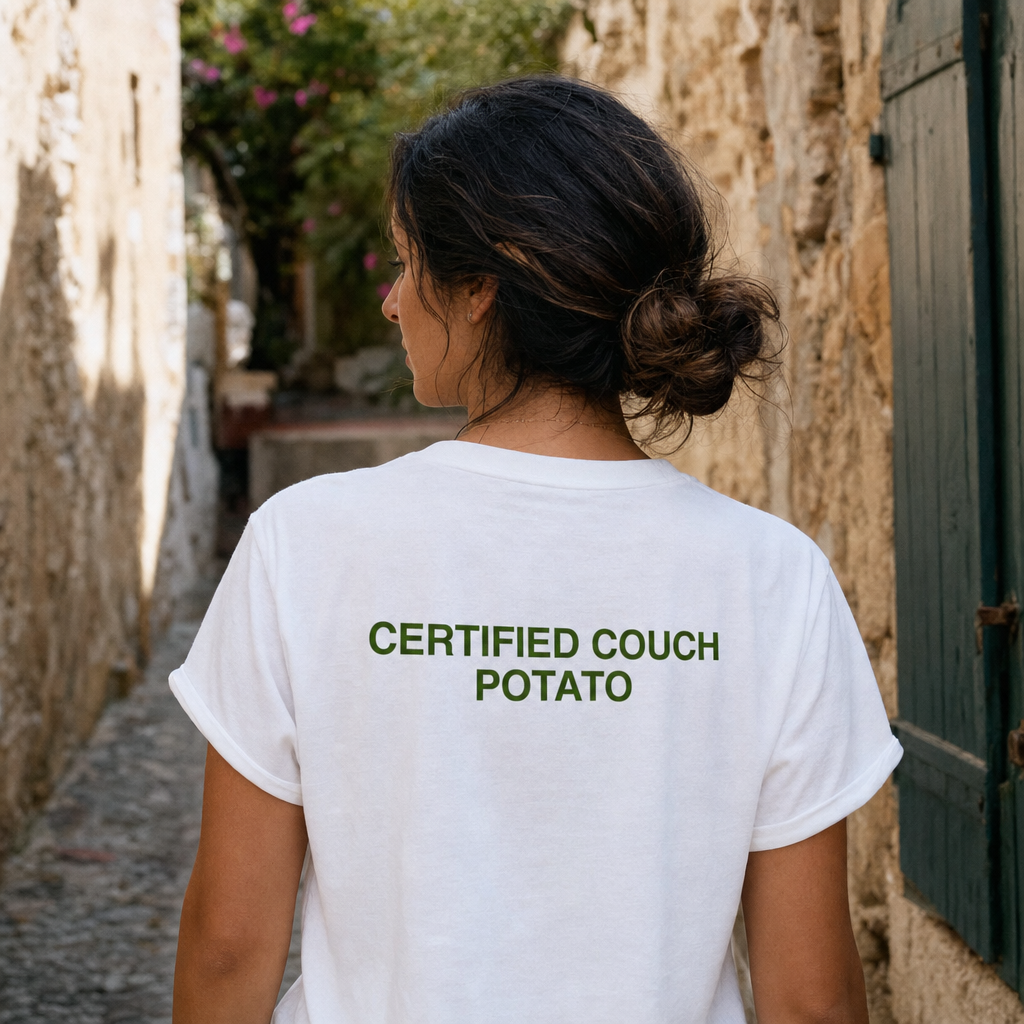 Certified Couch Potato Brutalist Typography Tee — scene 01 female back close