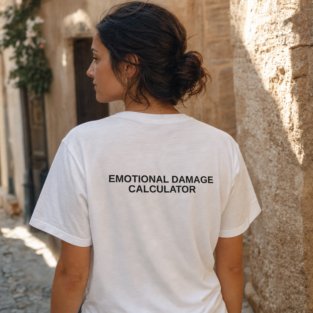 Emotional Damage Calculator Typography Tee — scene 01 female back close