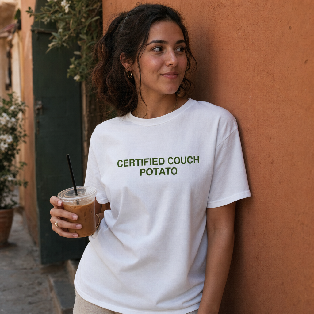 Certified Couch Potato Brutalist Typography Tee — scene 01 female front close