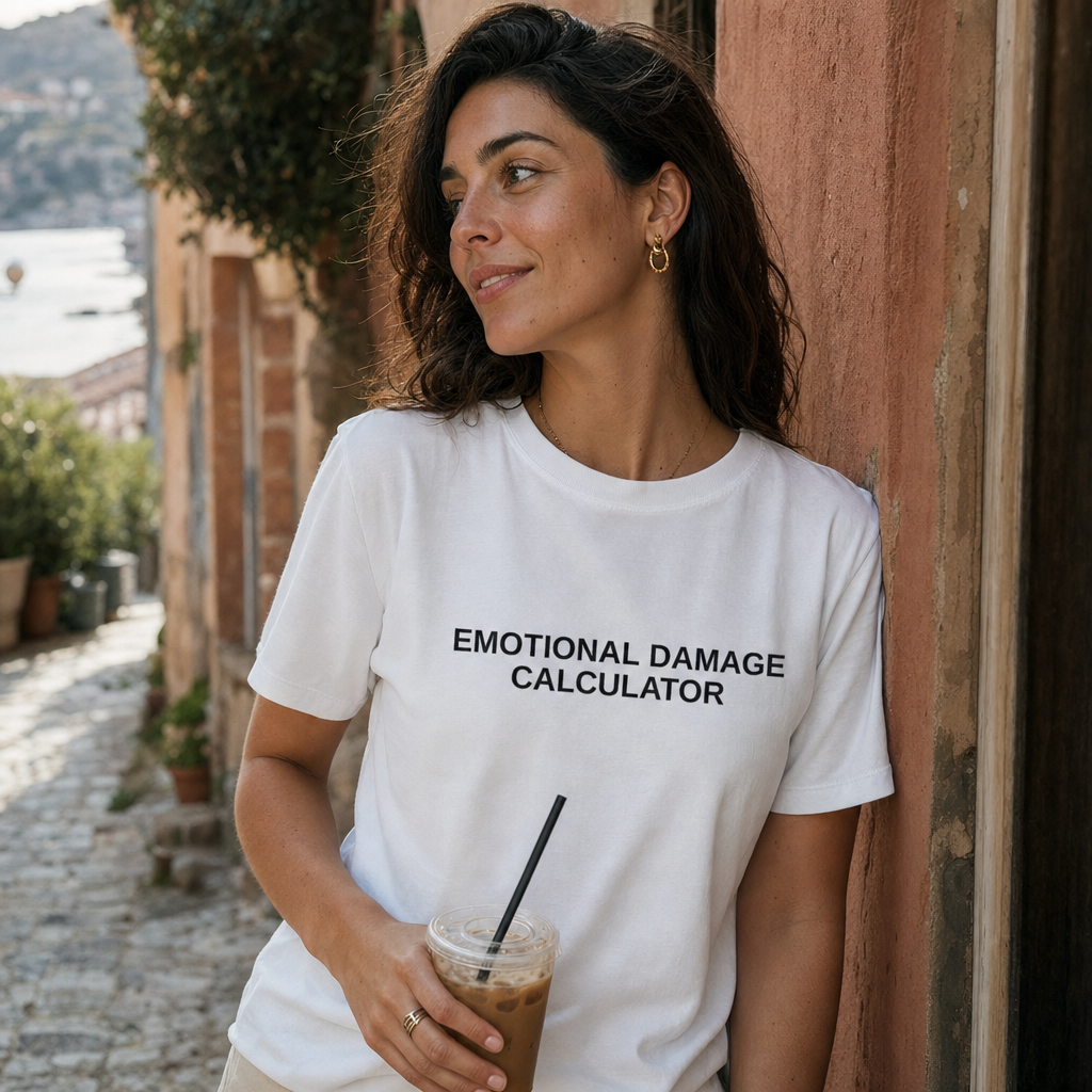 Emotional Damage Calculator Typography Tee — scene 01 female front close