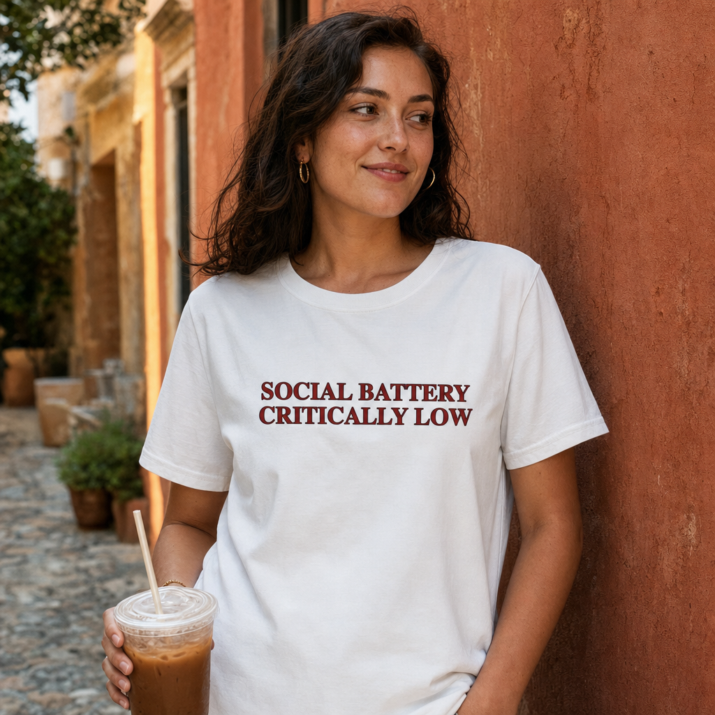 Social Battery Critically Low - Introvert Humor Tee — scene 01 female front close