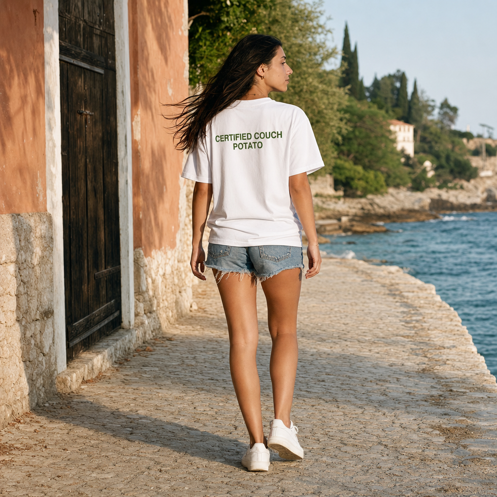 Certified Couch Potato Brutalist Typography Tee — scene 02 female back full