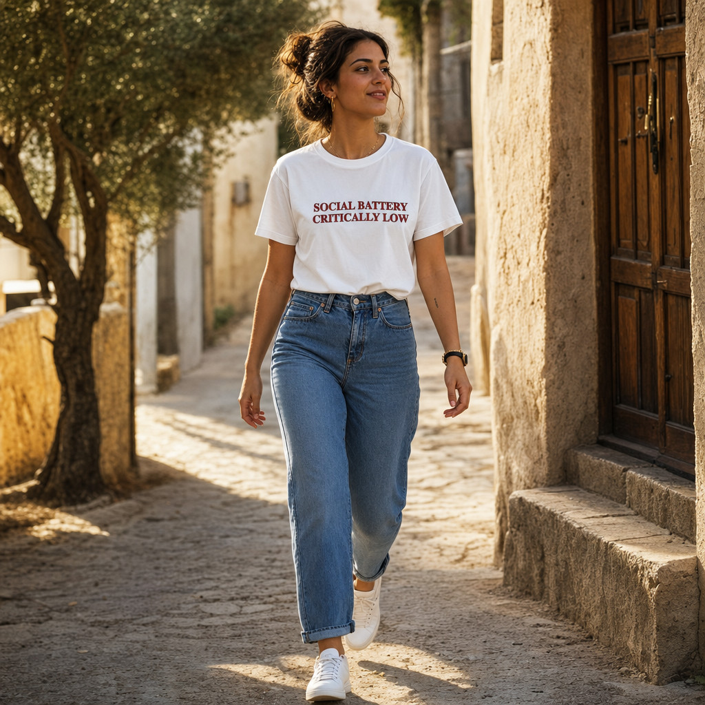 Social Battery Critically Low - Introvert Humor Tee — scene 02 female front full