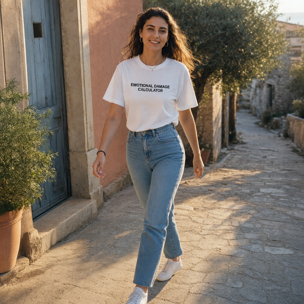 Emotional Damage Calculator Typography Tee — scene 02 female front full