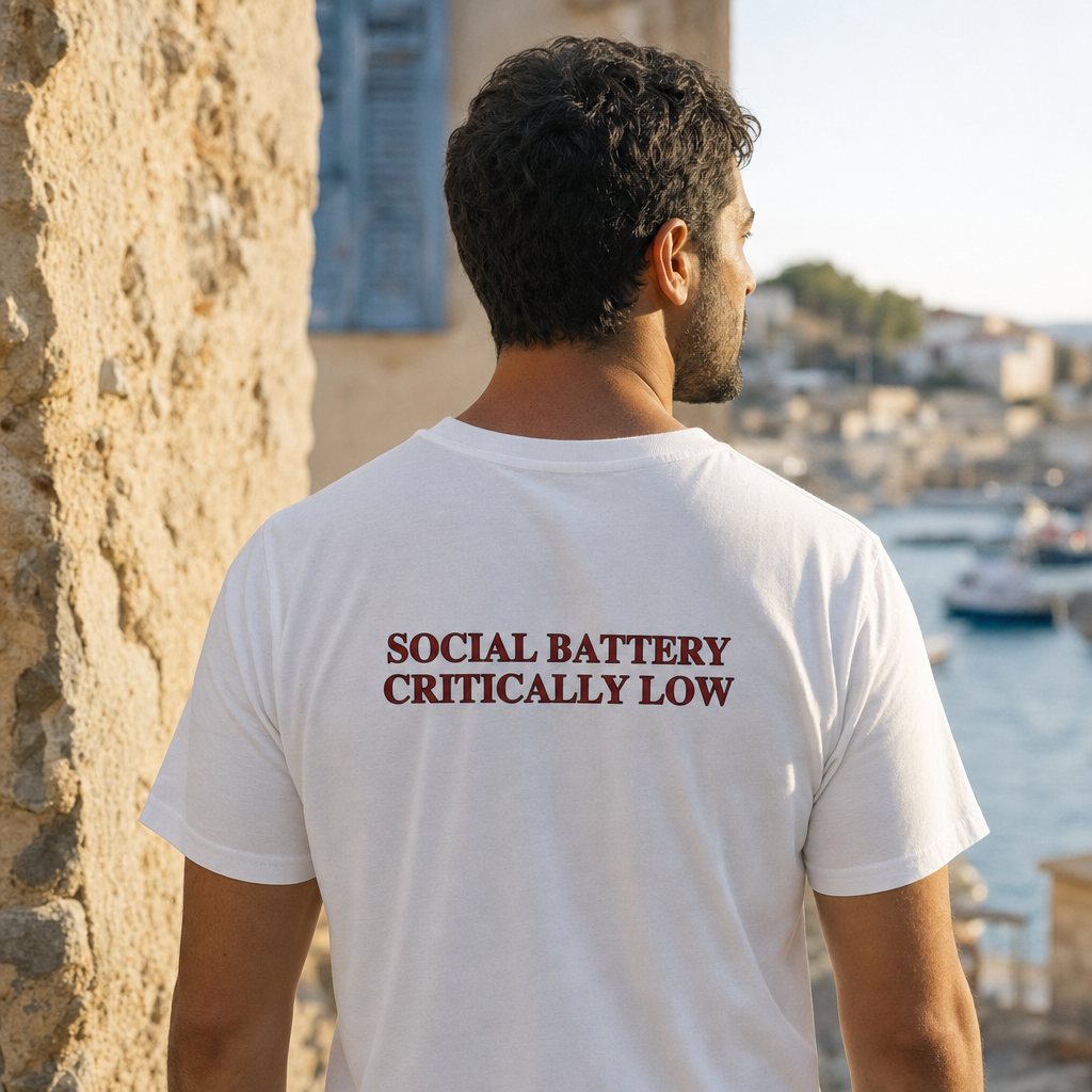 Social Battery Critically Low - Introvert Humor Tee — scene 03 male back close