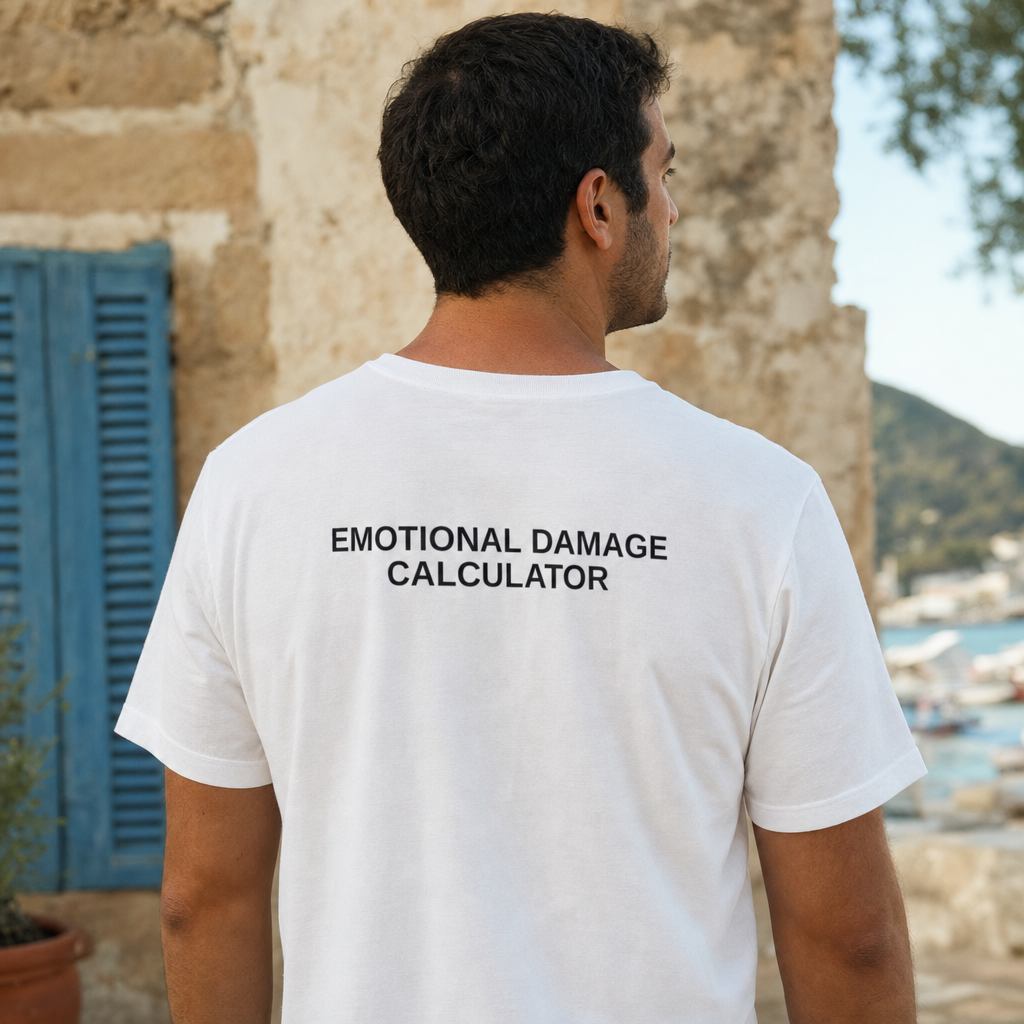 Emotional Damage Calculator Typography Tee — scene 03 male back close