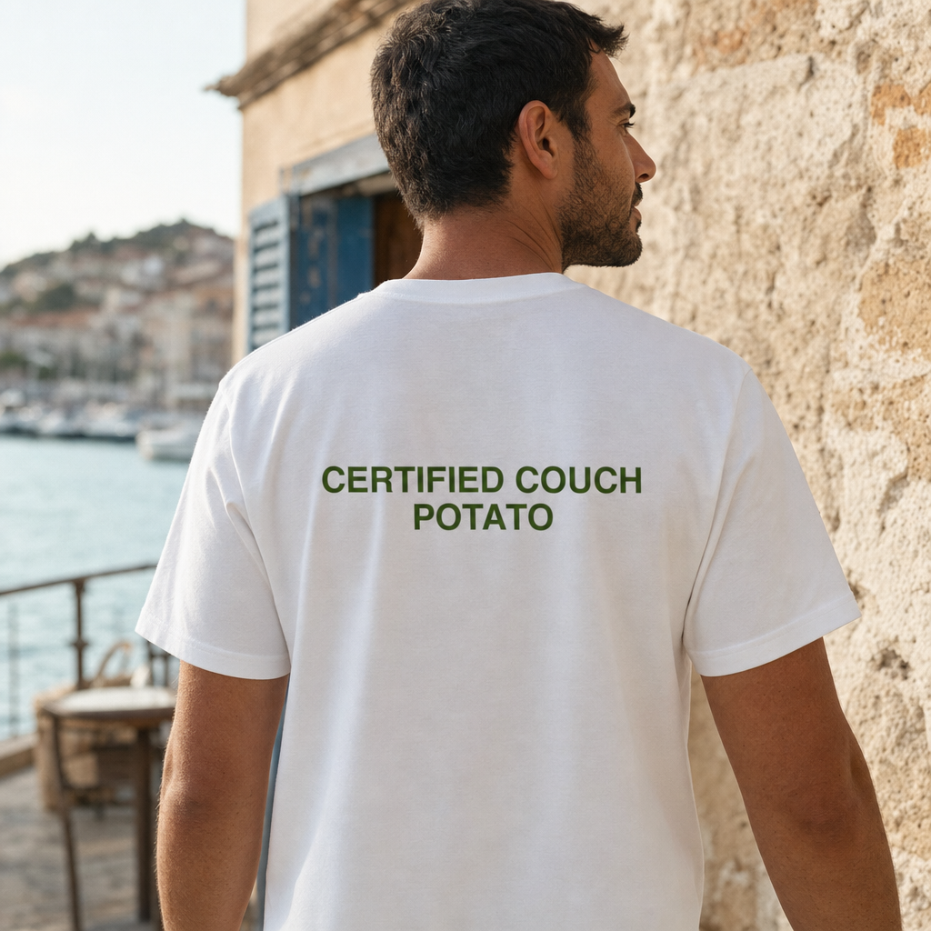 Certified Couch Potato Brutalist Typography Tee — scene 03 male back close