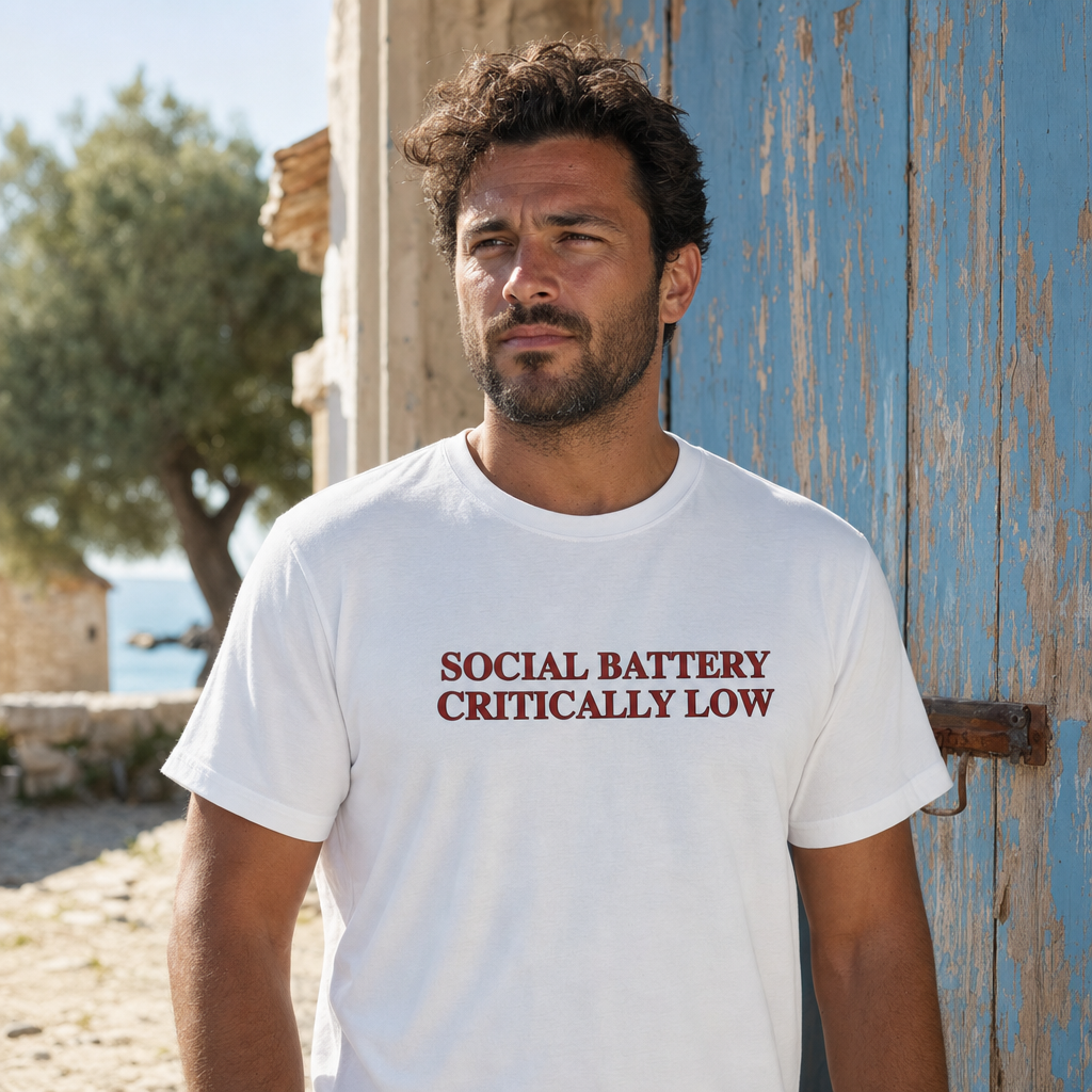 Social Battery Critically Low - Introvert Humor Tee — scene 03 male front close