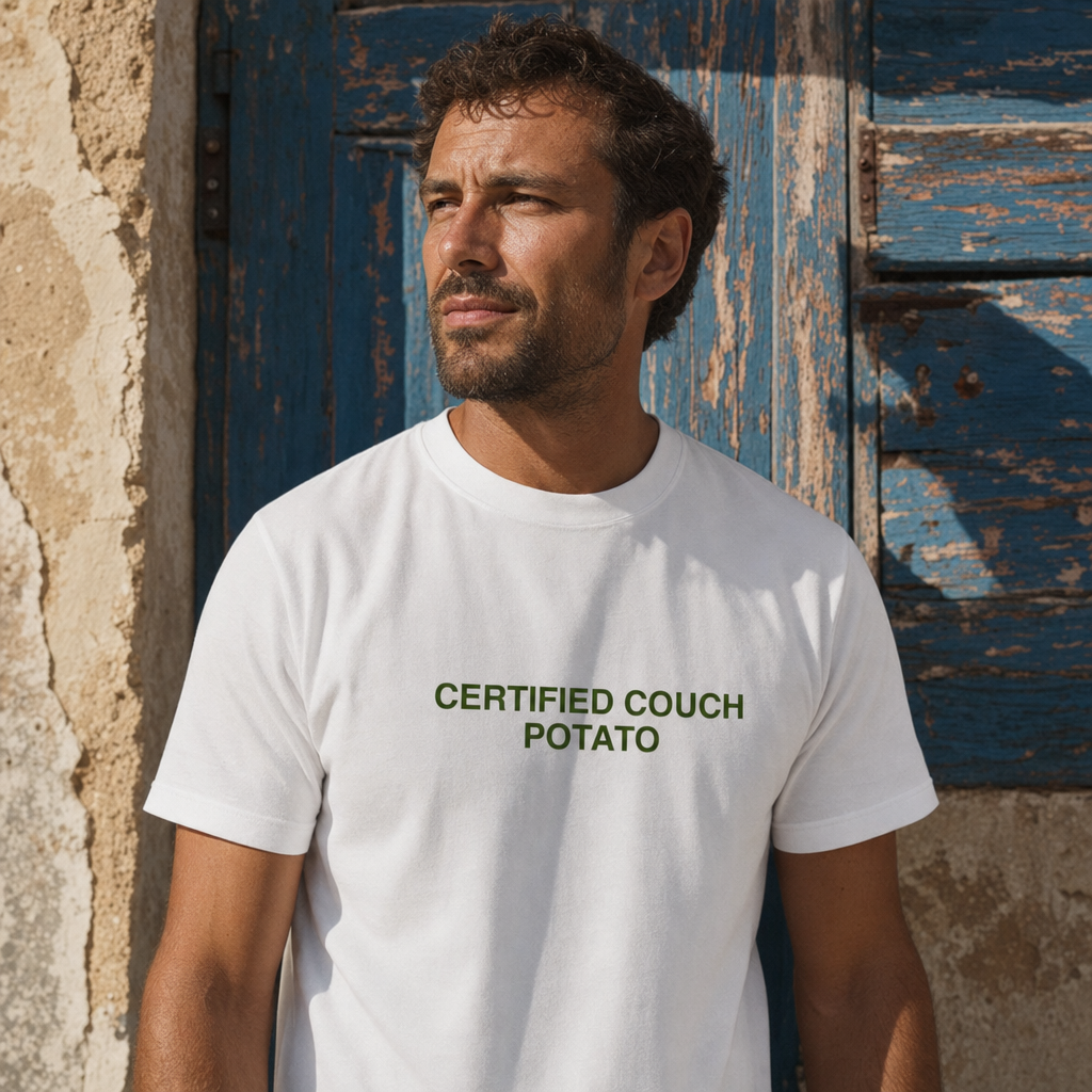 Certified Couch Potato Brutalist Typography Tee — scene 03 male front close