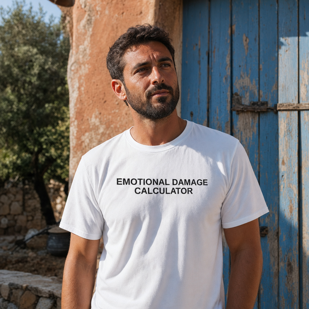 Emotional Damage Calculator Typography Tee — scene 03 male front close