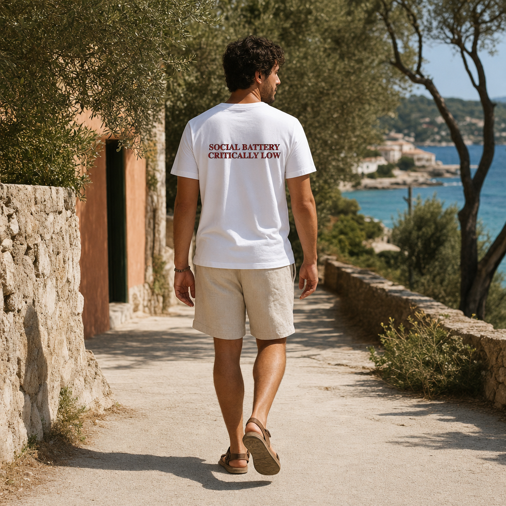 Social Battery Critically Low - Introvert Humor Tee — scene 04 male back full