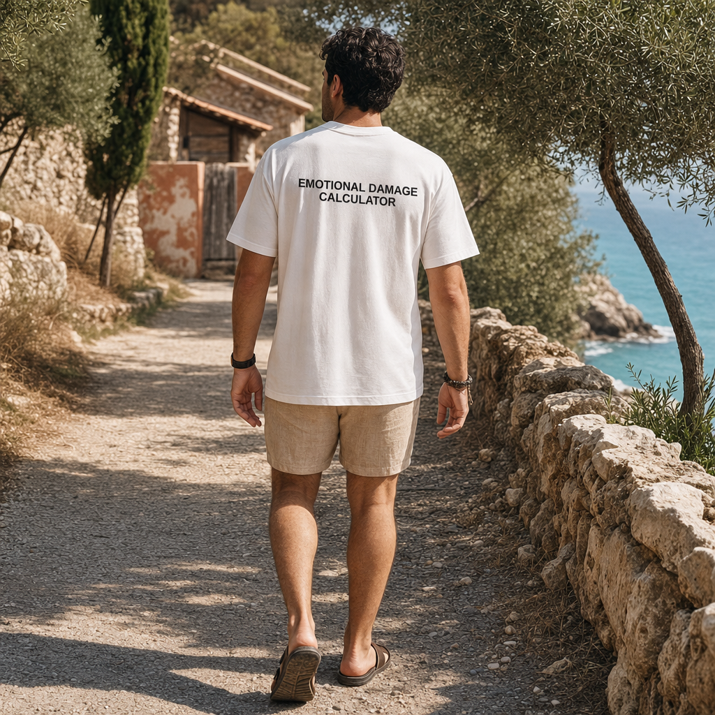 Emotional Damage Calculator Typography Tee — scene 04 male back full