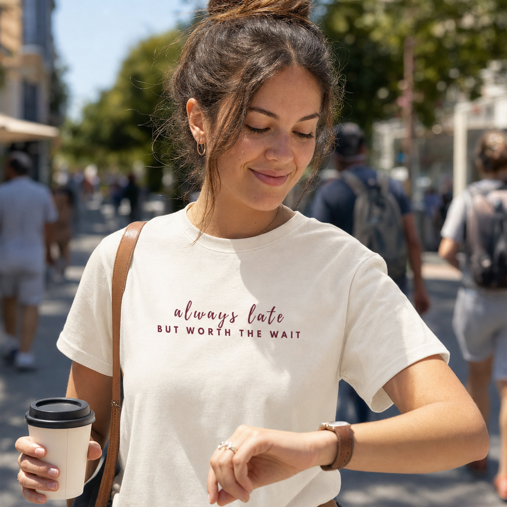 Always Late But Worth The Wait tee lifestyle photo, closeup checking watch