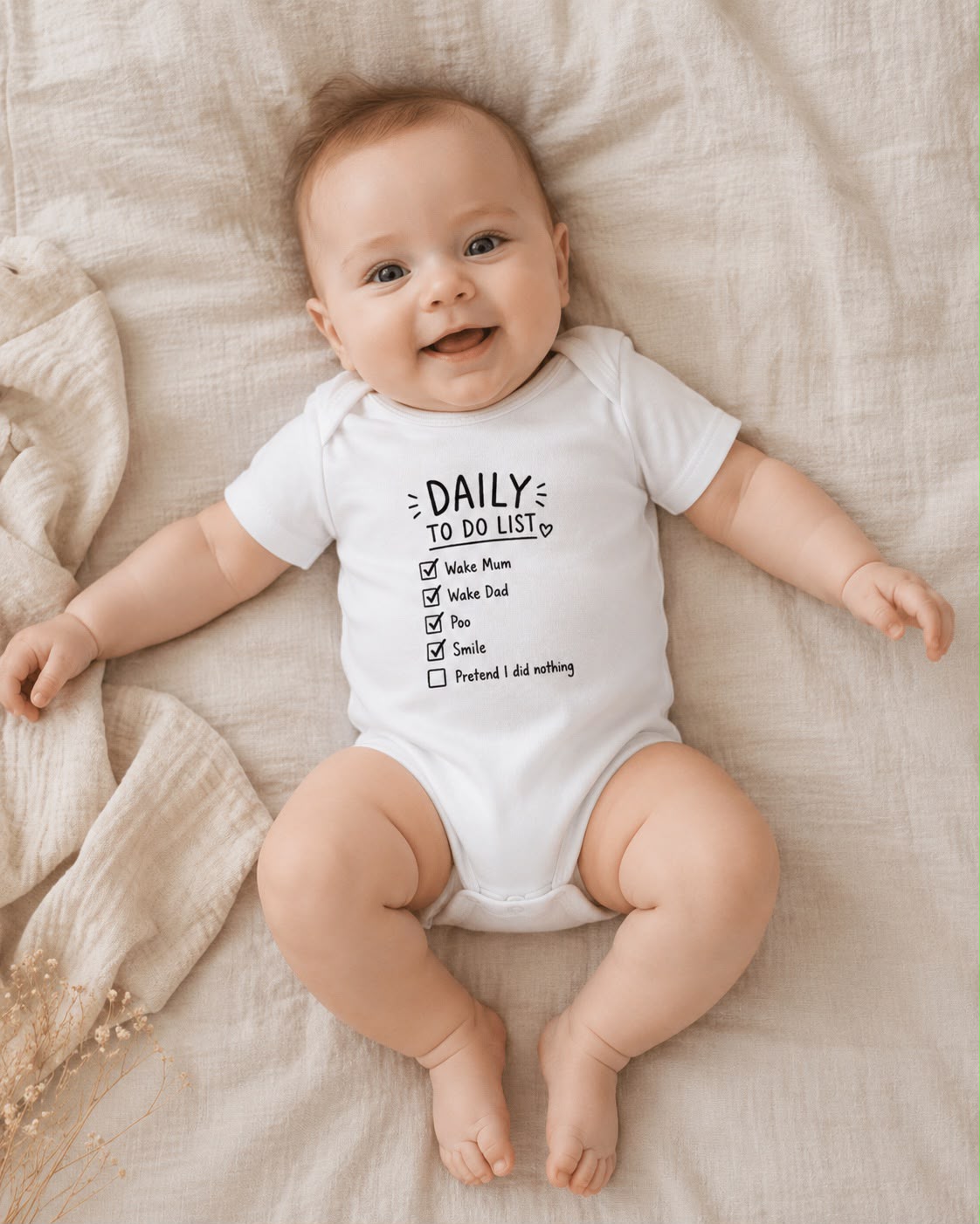 Daily To-Do List baby bodysuit lifestyle photo, white, baby smiling on bed