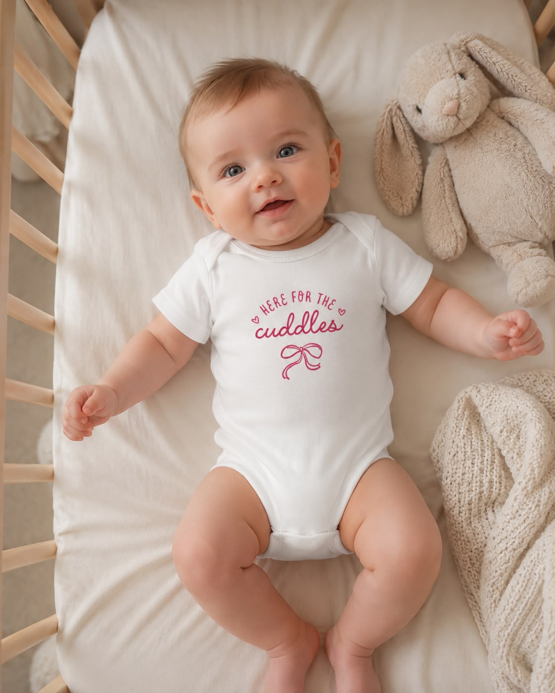Here for the Cuddles baby bodysuit lifestyle photo, white, crib scene