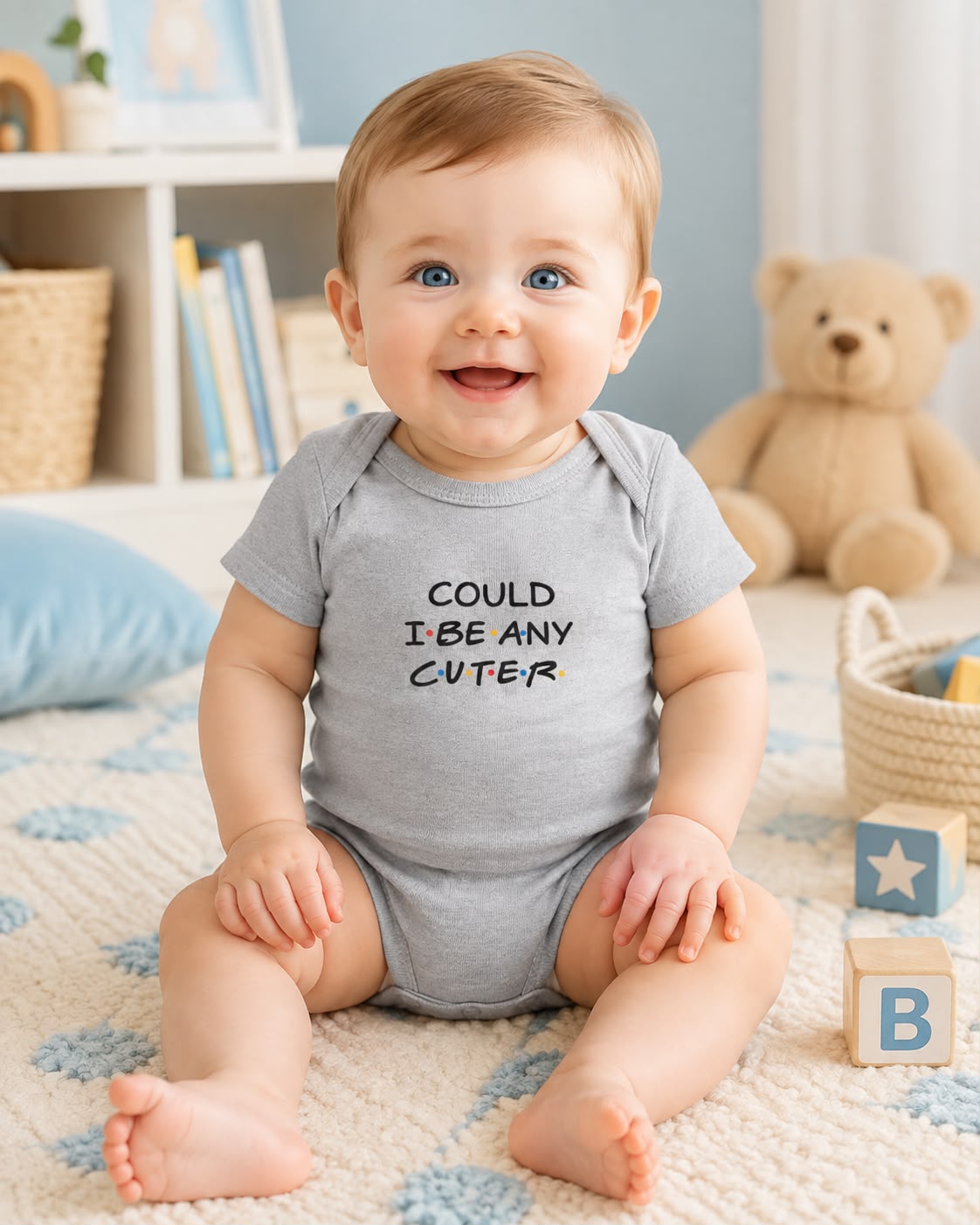 Could I Be Any Cuter baby bodysuit lifestyle photo, heather grey, nursery scene