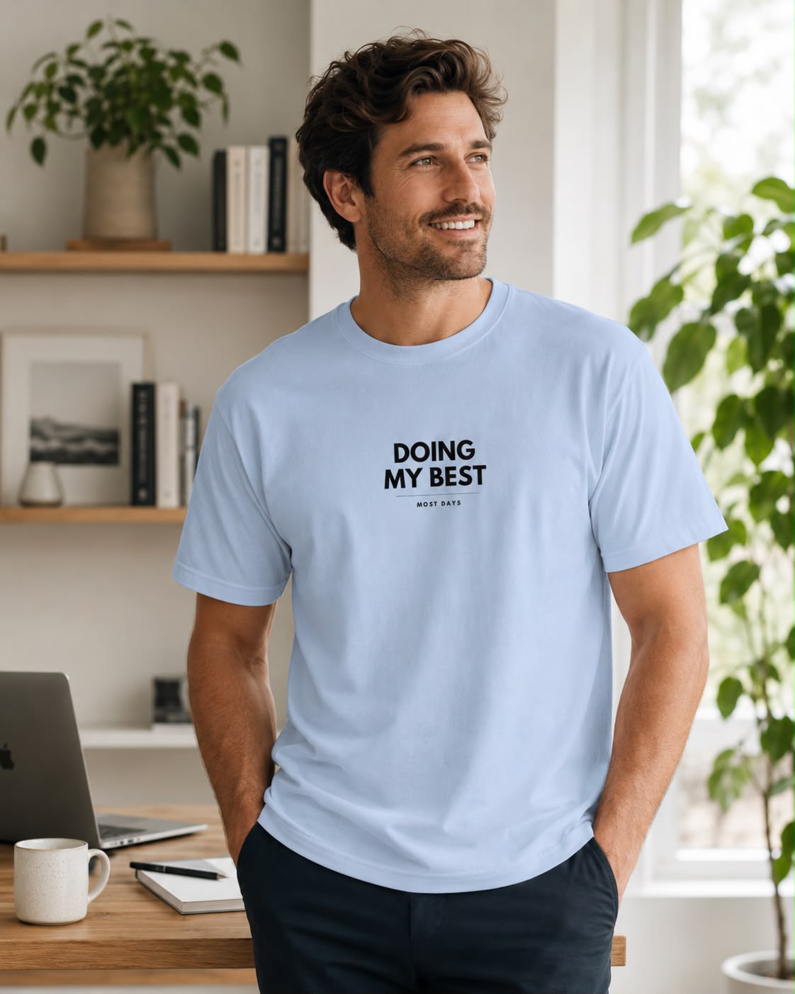 Doing My Best tee lifestyle photo, light blue, male model home office