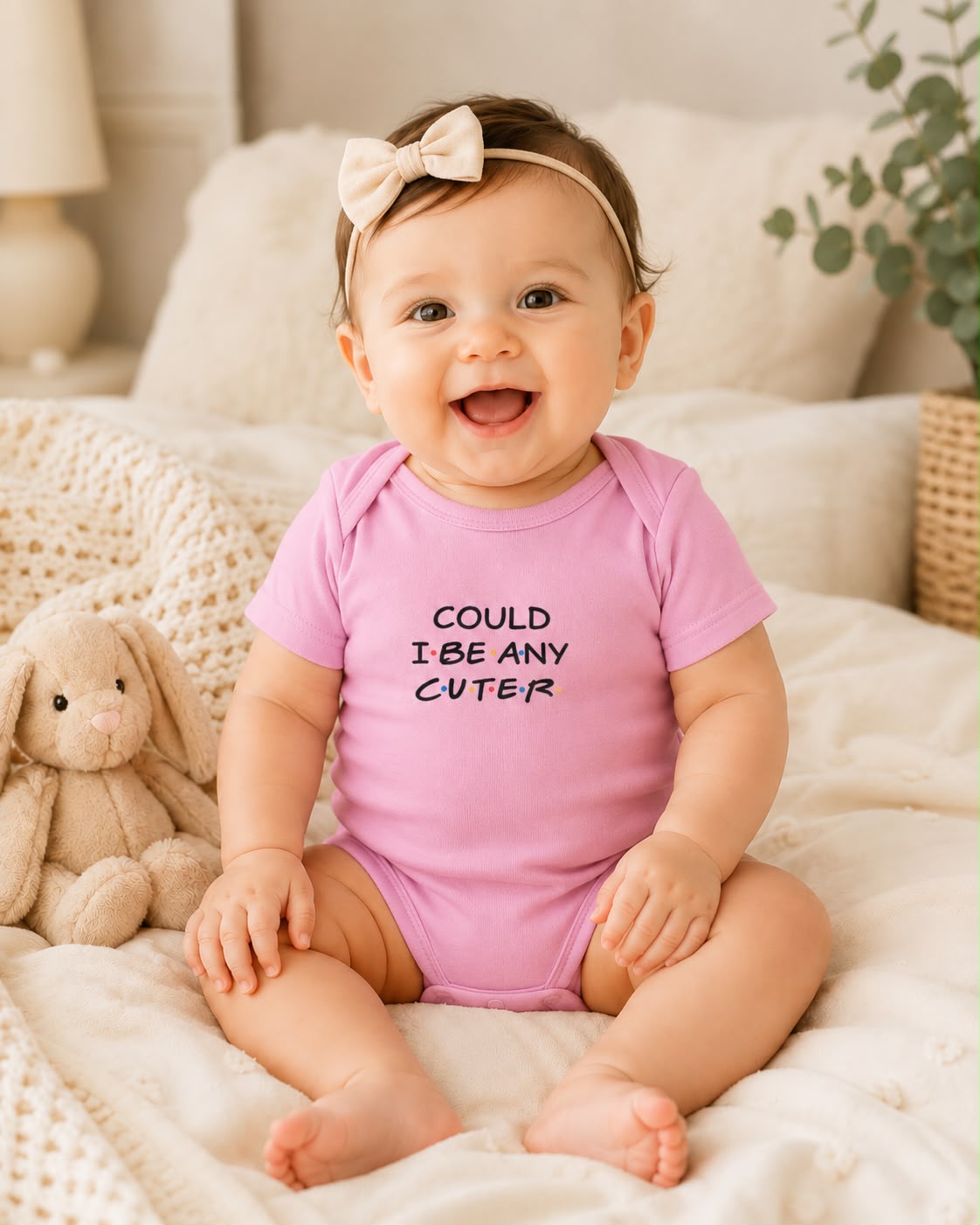 Could I Be Any Cuter baby bodysuit lifestyle photo, pink, bedroom scene