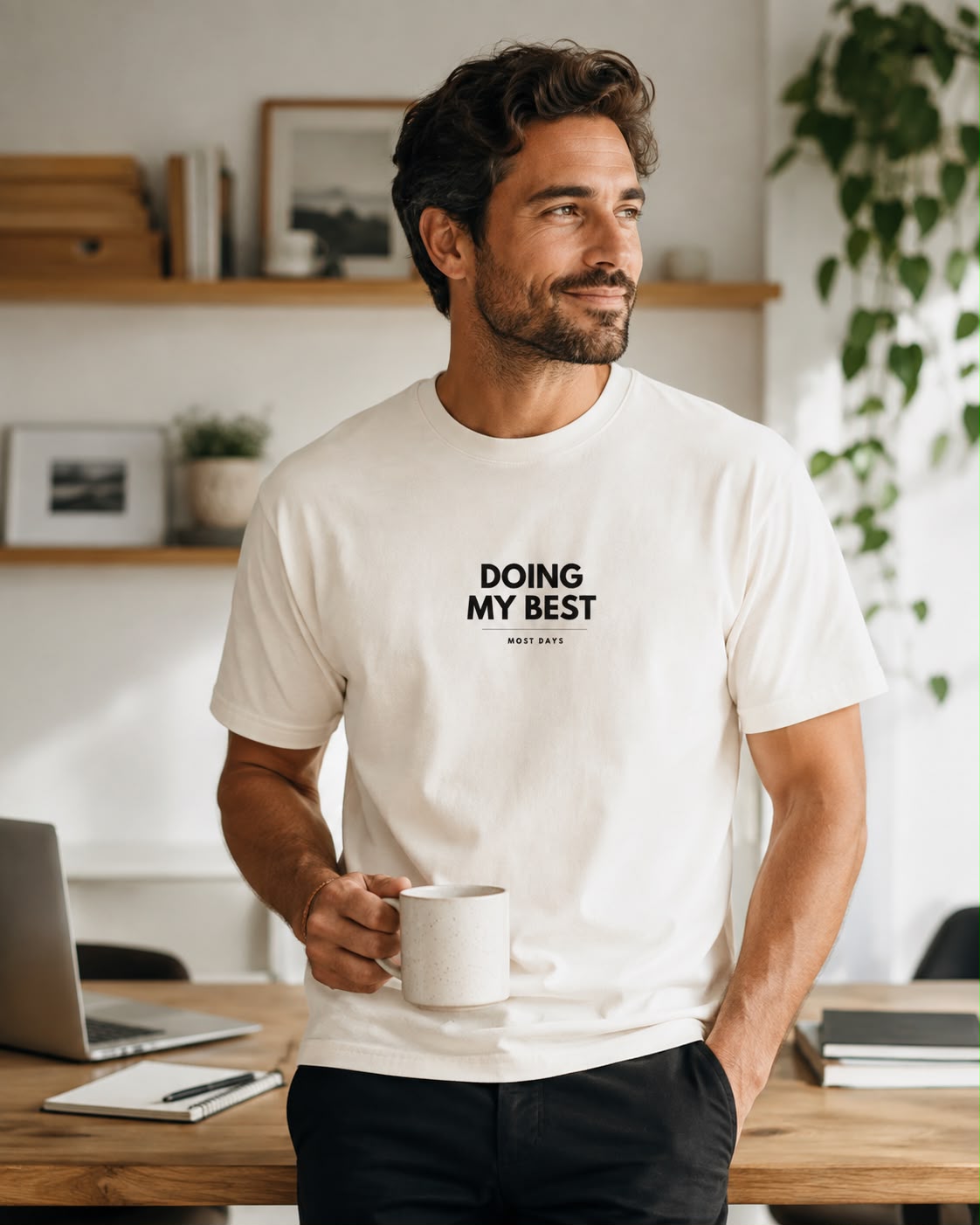 Doing My Best tee lifestyle photo, natural/cream, male model home office