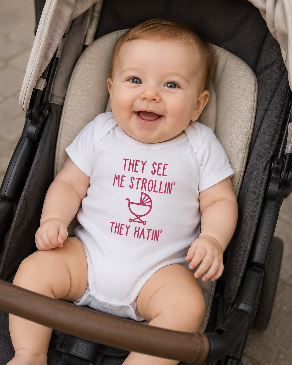They See Me Strollin They Hatin baby bodysuit lifestyle photo, white, stroller scene