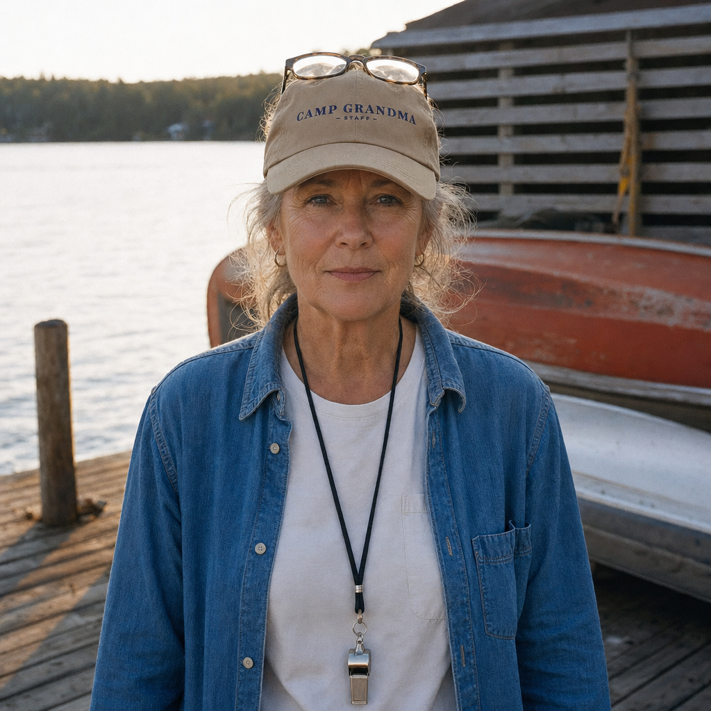 Camp Grandma embroidered classic cap in khaki, worn on a summer camp jetty