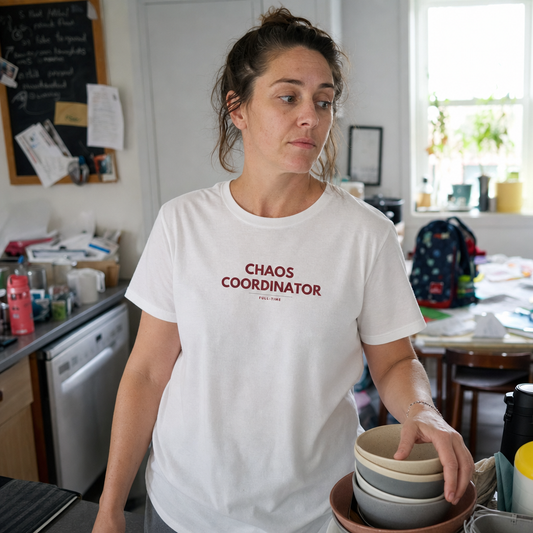 Chaos Coordinator tee worn in a busy kitchen