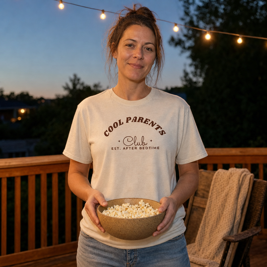 Cool Parents Club tee worn as a gift, natural
