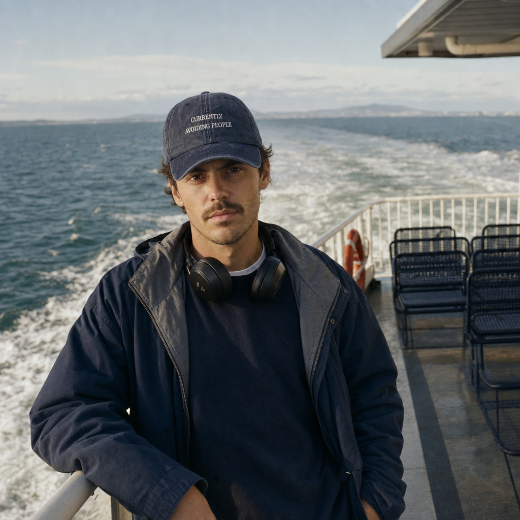 Currently Avoiding People embroidered vintage cap in navy, worn on a ferry deck