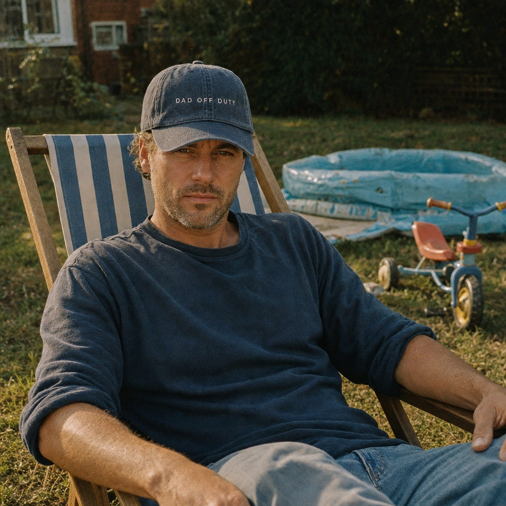 Dad Off Duty embroidered vintage cap in navy, worn in a back garden deckchair