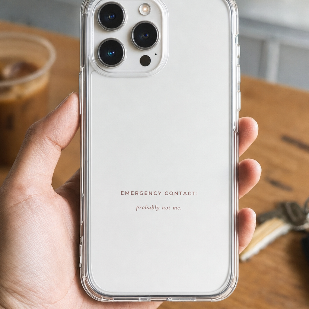 Clear iPhone case printed “Emergency contact: probably not me” in dark rose lettering