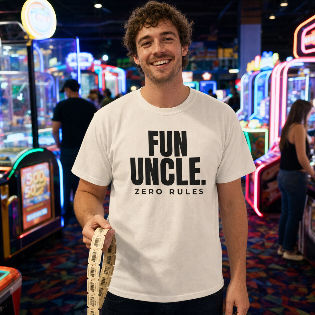 Fun Uncle. Zero Rules. tee worn as a gift, natural