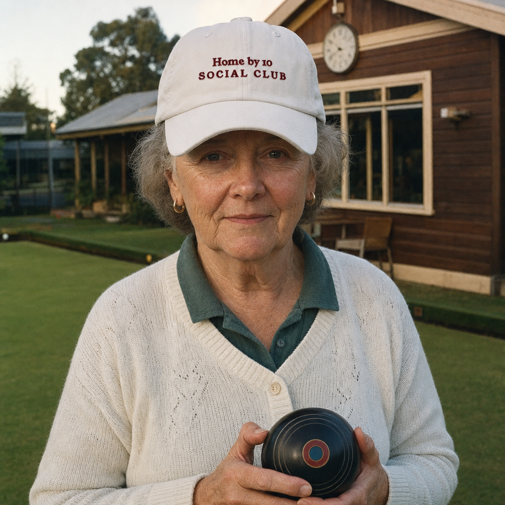Home by 10 Social Club embroidered classic cap in white, worn on a bowls green