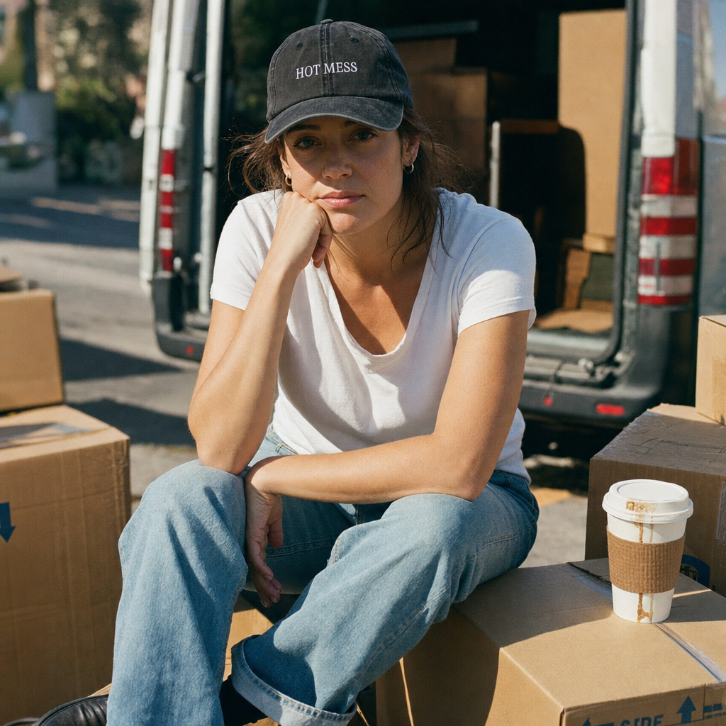 Hot Mess embroidered vintage cap in black, worn on moving day