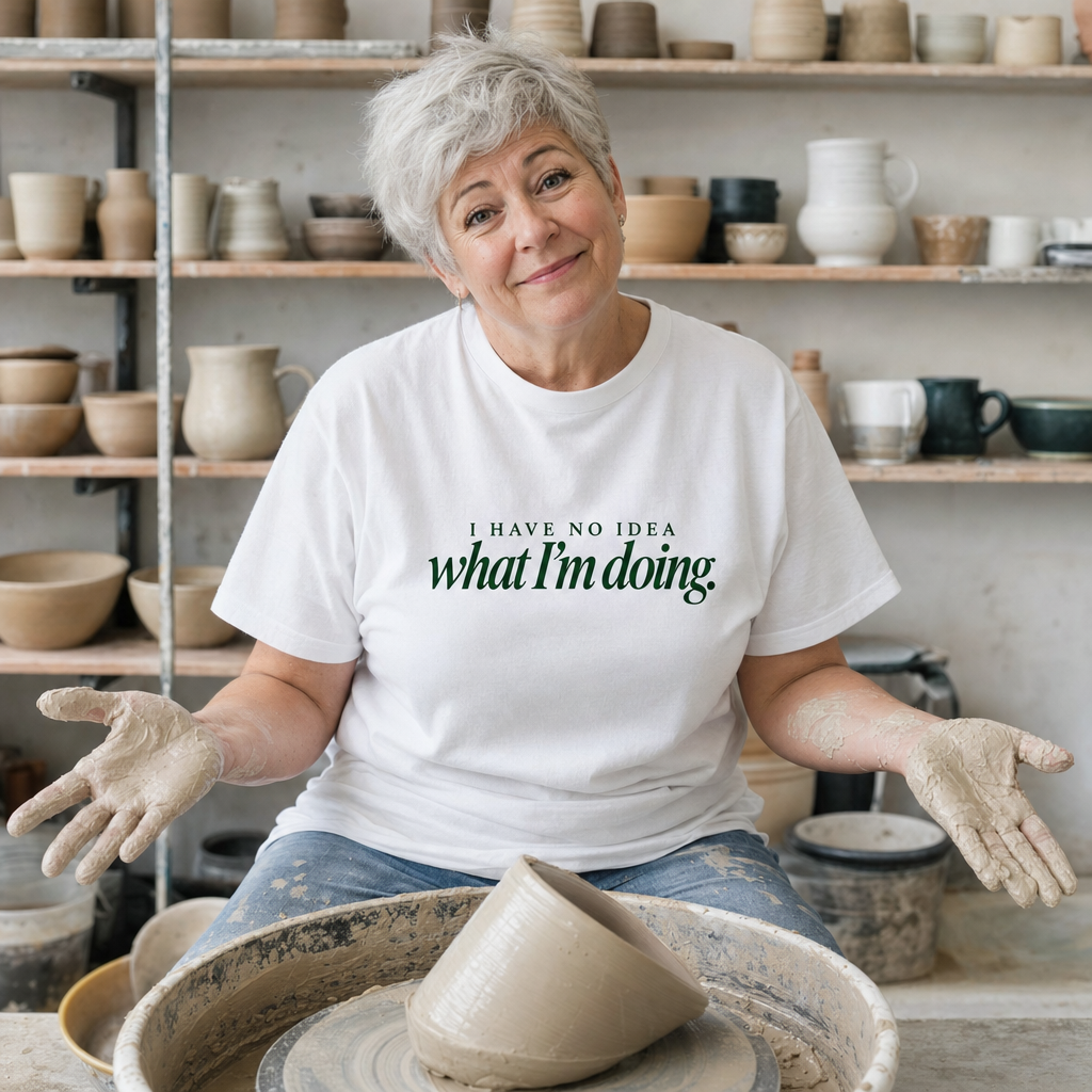 I Have No Idea What I'm Doing tee worn at a pottery wheel