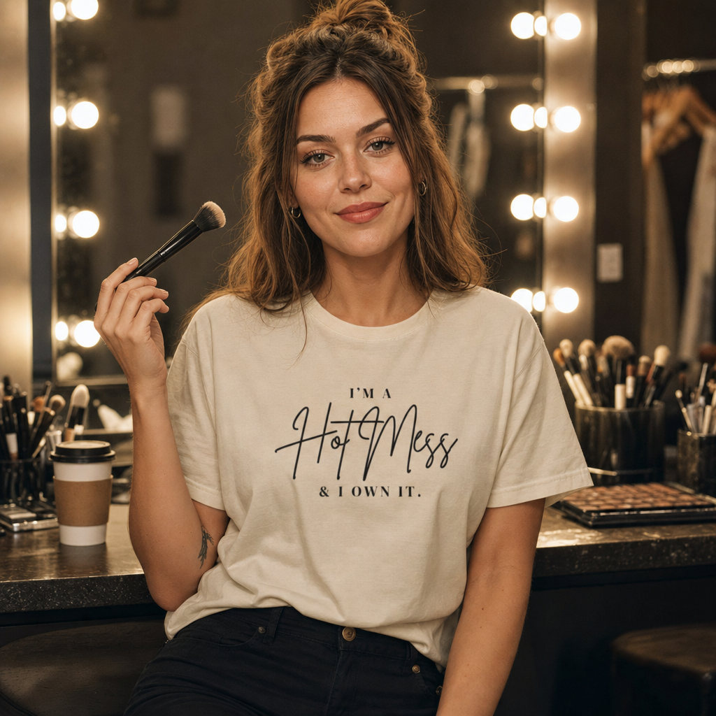 I'm a Hot Mess & I Own It tee worn at a backstage vanity mirror