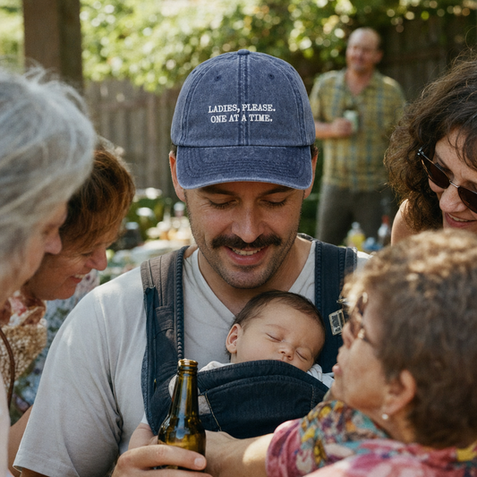 Ladies, Please. One at a Time. embroidered vintage cap in navy, worn by a dad at a family barbecue