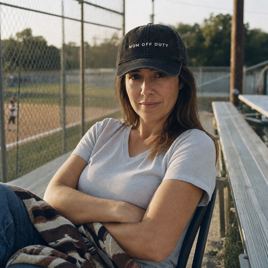Mom Off Duty embroidered vintage cap in black, worn on the bleachers at a little-league game