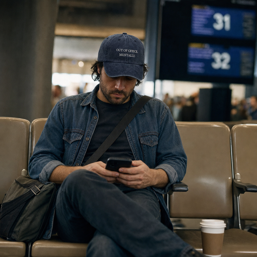 Out of office. Mentally. embroidered vintage cap in navy, worn at an airport gate