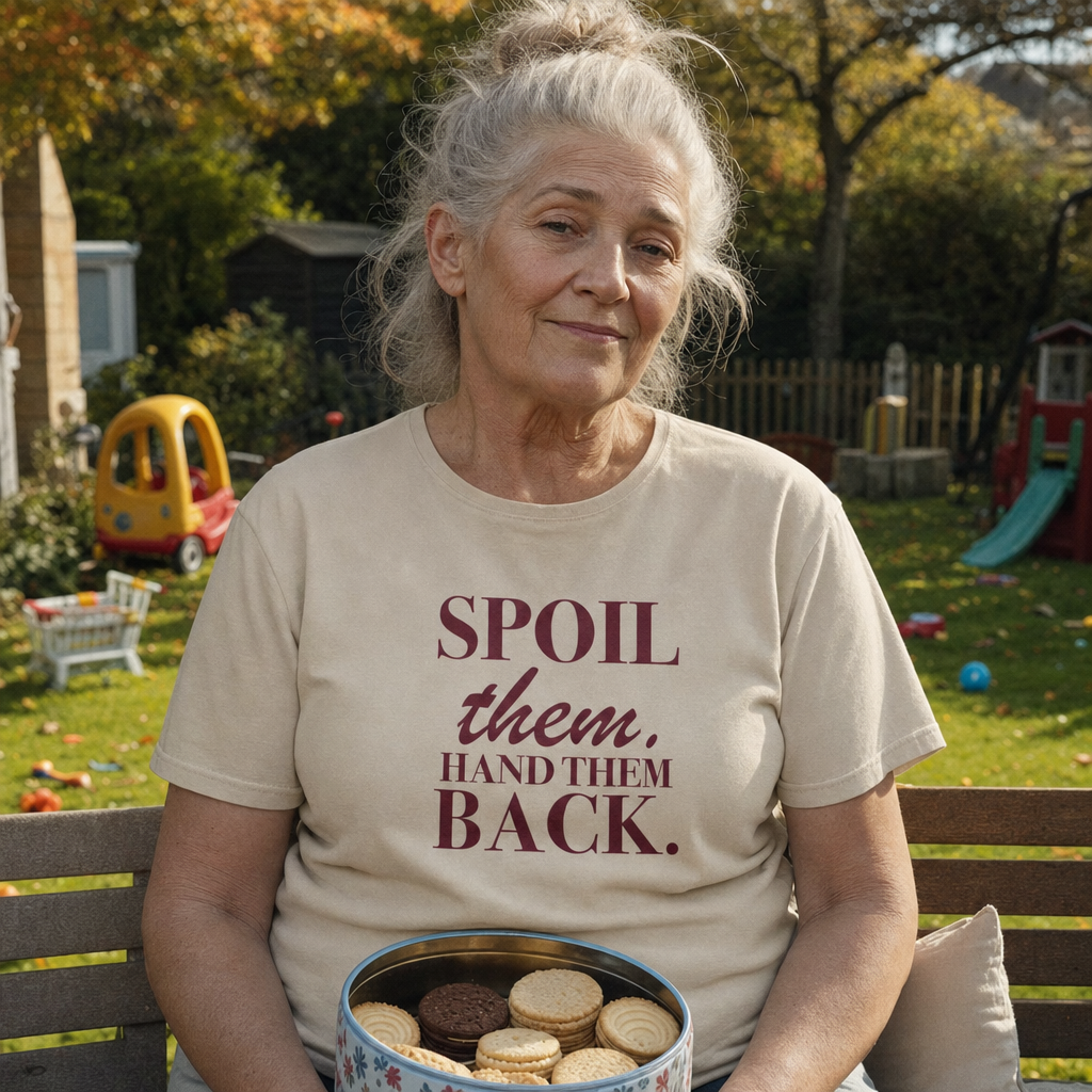 Spoil Them. Hand Them Back. tee worn on a garden bench with a tin of biscuits